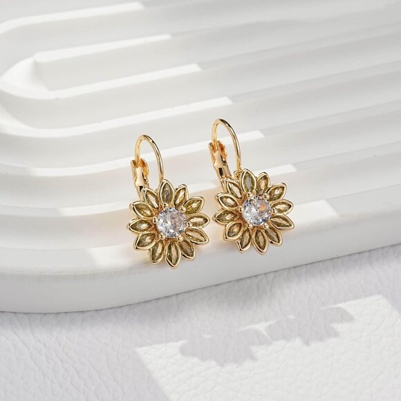 14K Gold Plated Yellow Main Crystal Flower Drop Leverback Earrings for Women - Picture 5 of 7